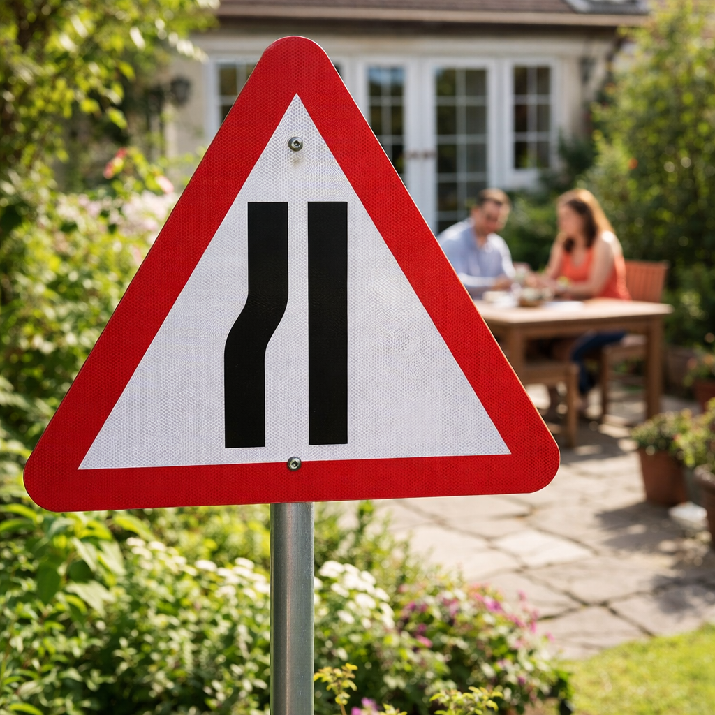 Road Narrows Left Side Reflective Traffic Sign – 600mm Triangle – Aluminium Composite RA1 – Outdoor Use