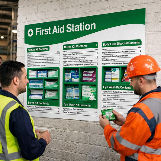 Branded First Aid Station with Safe Manual Handling Poster – 1200mm x 680mm – Rigid Plastic – Workplace Safety