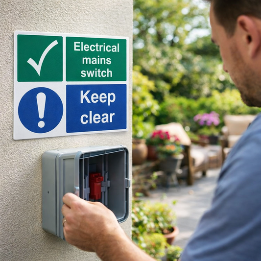 Electrical Mains Switch Safety Signs – 1mm Rigid Plastic – Indoor & Outdoor Use