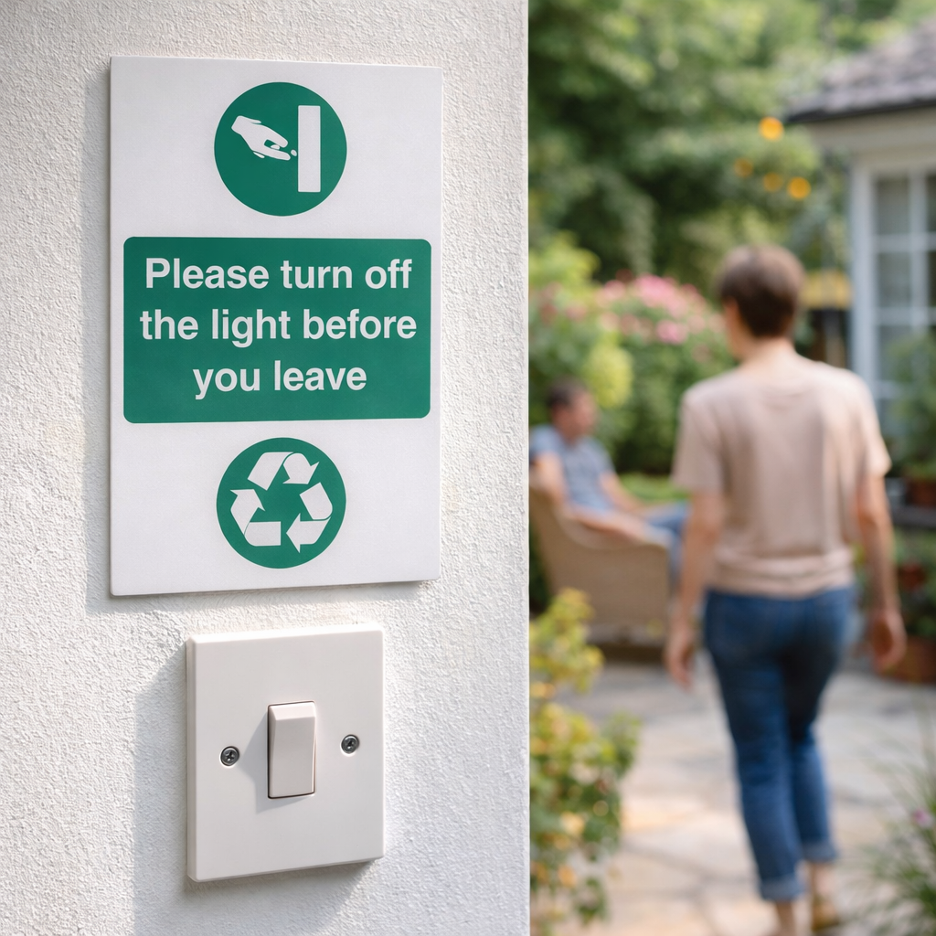 Light Switch Reminder Sign – 1mm Rigid Plastic – Indoor/Outdoor Use