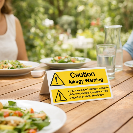 Caution Allergy Warning Table Cards – 150mm x 50mm – Rigid Plastic – Indoor/Outdoor