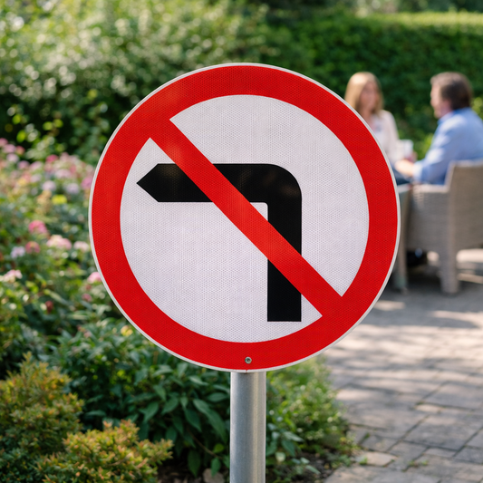 No Left Turn Reflective Traffic Sign (Class RA1) – 600mm Diameter – 3mm Aluminium Composite – Outdoor Use
