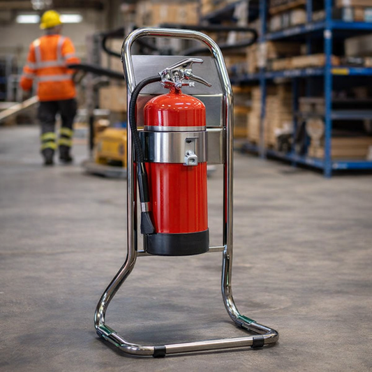 Polished Stainless Steel Fire Extinguisher & Stand – Durable & Corrosion Resistant – Indoor