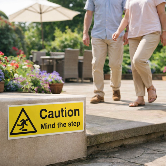Caution Mind the Step Signs – 1mm Rigid Plastic – Indoor/Outdoor Use