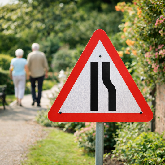 Road Narrowing Right Traffic Sign – 750mm Triangle – RA1 Reflective – Indoor & Outdoor Use