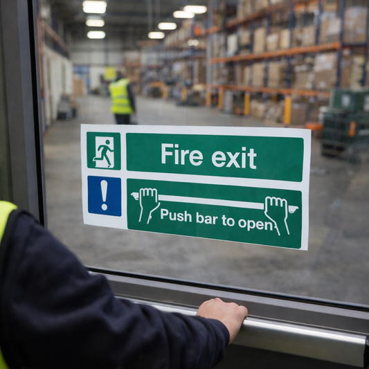 Fire Exit Window Sticker – 300mm x 100mm – Face Adhesive Vinyl – Safety Compliance