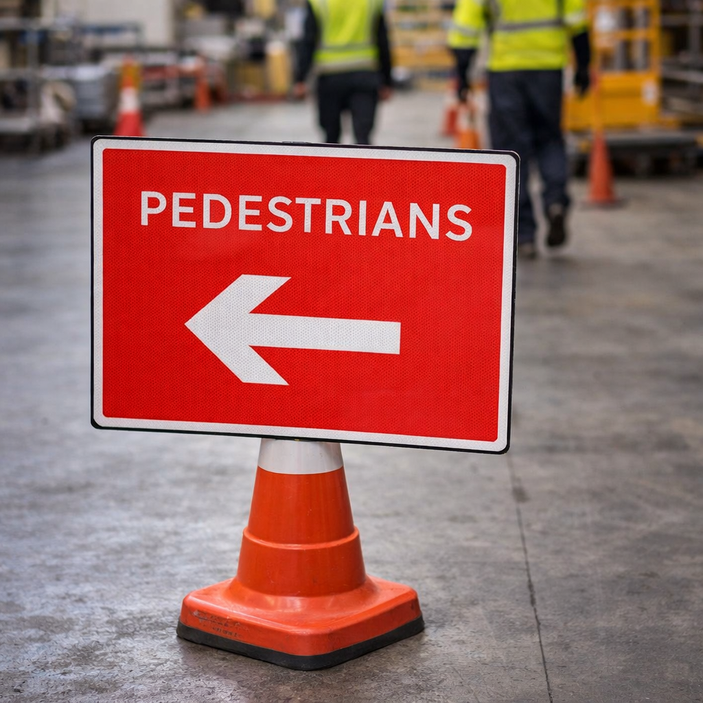 Pedestrians Arrow Left Pedestrian Cone Sign – 600mm x 450mm – Reflective Polypropylene – Traffic Control
