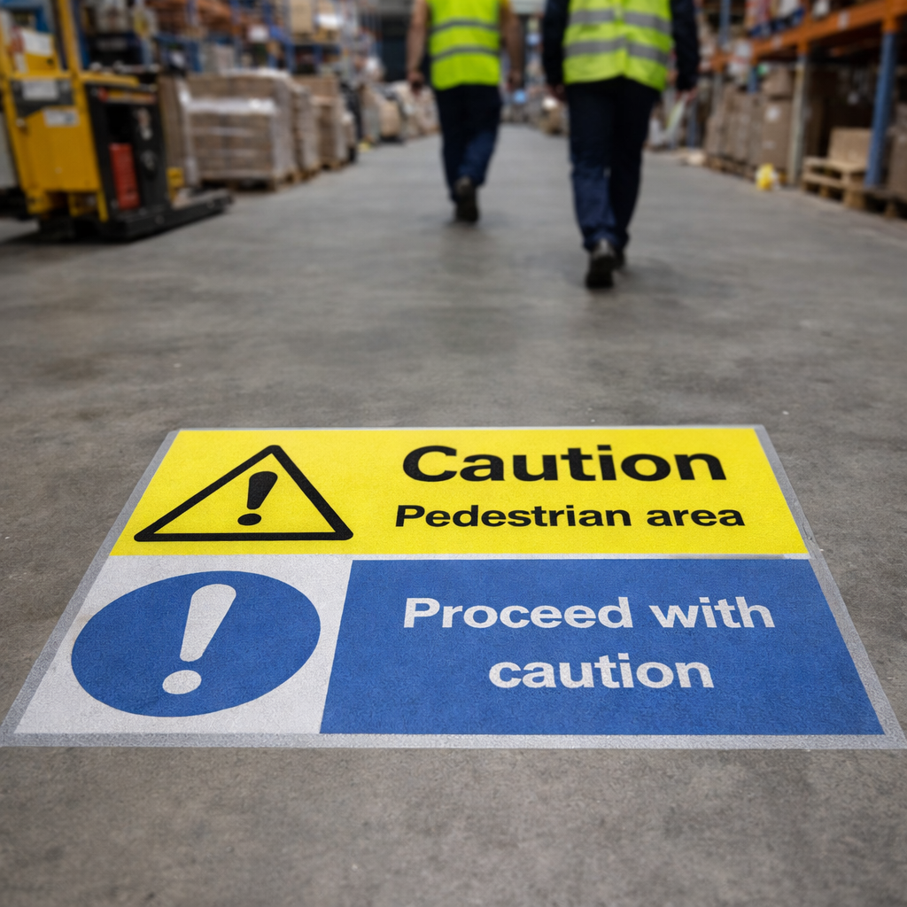 Caution Pedestrian Area Floor Graphic – 600mm x 400mm – Polycarbonate – Industrial Use