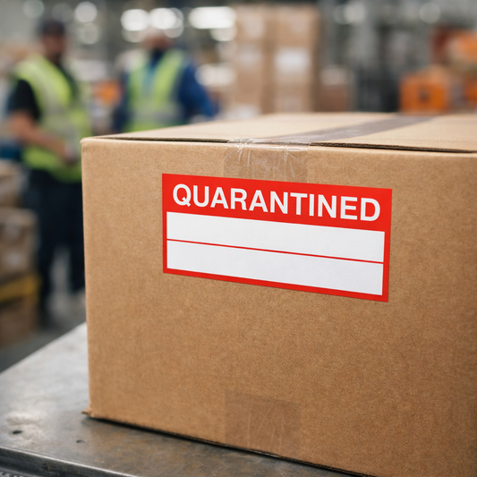 Quarantined Quality Control Labels (Roll of 100) – 50mm x 20mm – Self Adhesive Vinyl – Indoor Use