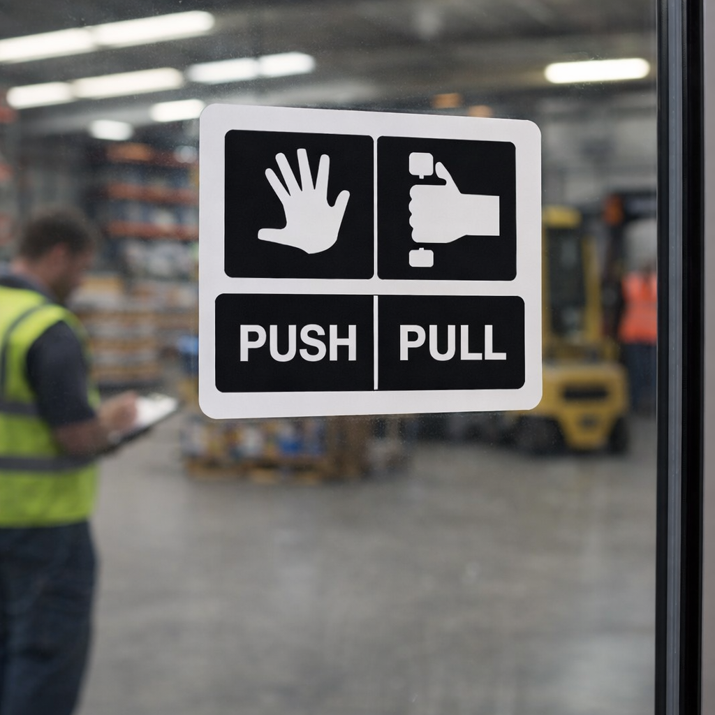 Push / Pull Double Sided Window Sticker – 150mm x 150mm – Face Adhesive Vinyl – Indoor Use