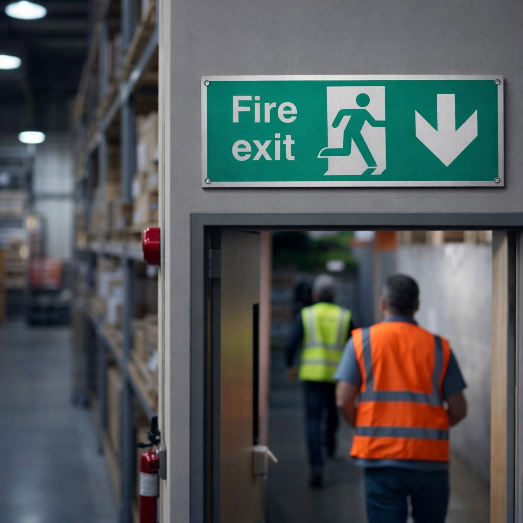 Fire Exit Arrow Down Sign – 300mm x 100mm – Brushed Aluminium – Workplace Safety