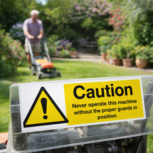 Caution Never Operate Machine Without Proper Guards Sign – 1mm Rigid Plastic – Indoor/Outdoor Use