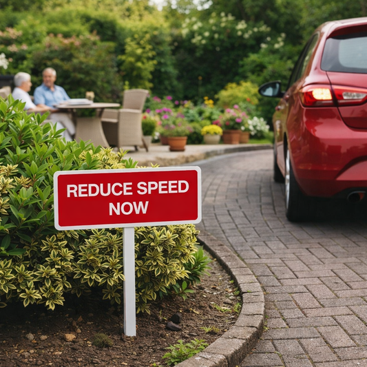 Reduce Speed Now Sign with Post – 450mm x 150mm – 2mm Aluminium – Outdoor Use