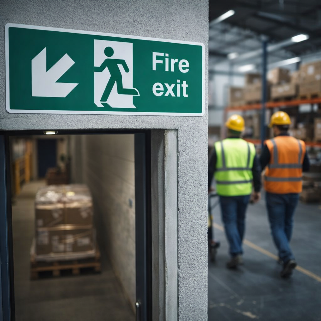 Fire Exit Sign – Arrow Down/Left – Running Man Graphic – Safety Indicator