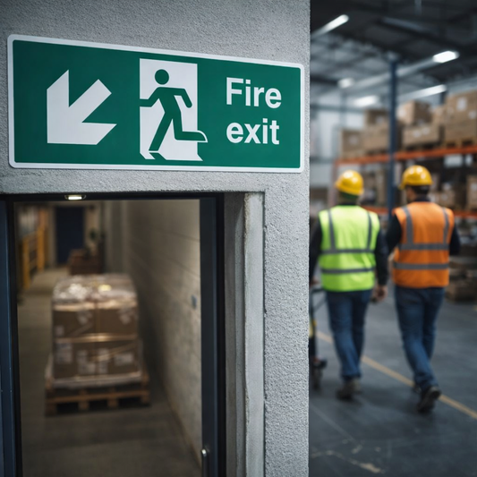 Fire Exit Sign – Arrow Down/Left – Running Man Graphic – Safety Indicator