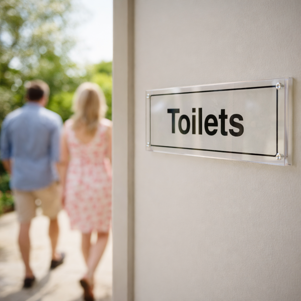 Acrylic Toilet Door Sign – 450mm x 150mm – Clear Acrylic – Indoor/Outdoor Use