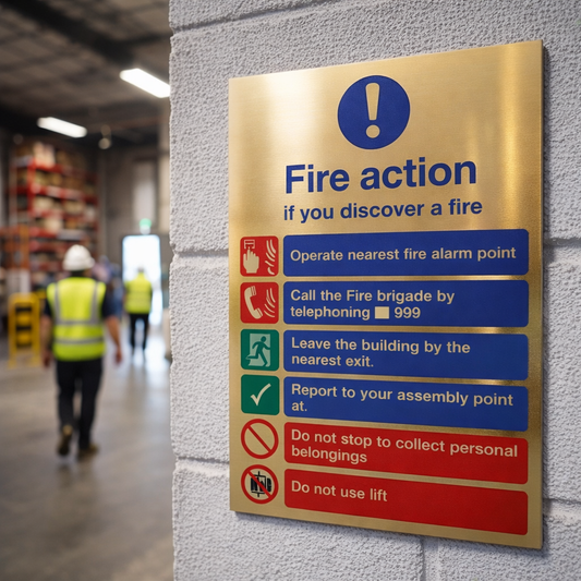 Polished Brass Fire Action Notice – 150mm x 200mm – Safety Symbols – Indoor Use