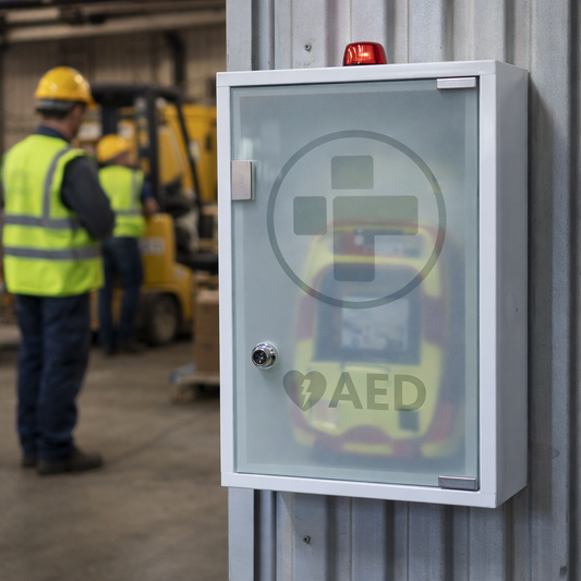 AED Defibrillator Cabinet – White – Alarmed, Lockable – Indoor Use