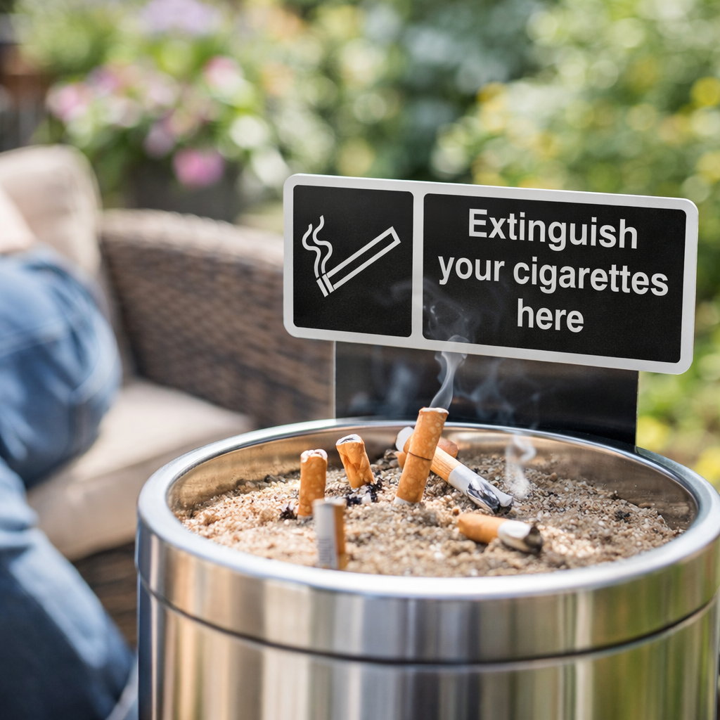 Extinguish Your Cigarettes Here Sign – 1mm Rigid Plastic – Indoor/Outdoor Use