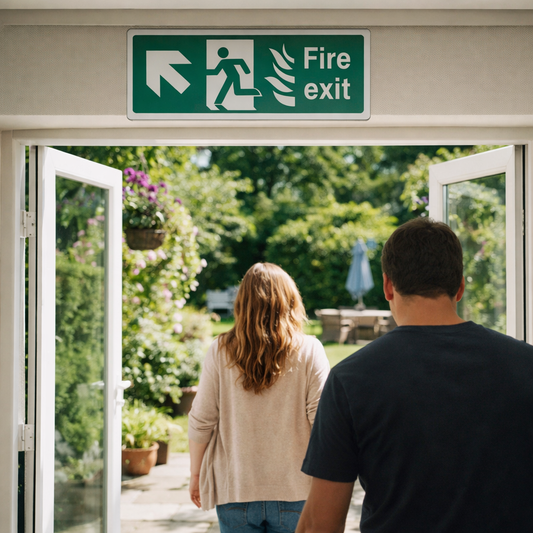 Fire Exit Safety Sign – Arrow Up/Left – Flames & Running Man – Indoor/Outdoor