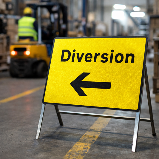 Diversion Left Reflective Temporary Road Traffic Sign – Class RA1 – Zintec Material – Industrial Use