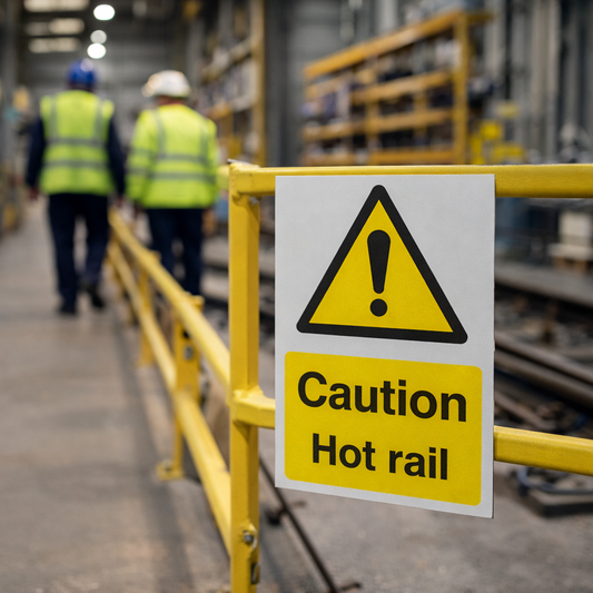 Caution Hot Rail Safety Sign – 1mm Rigid Plastic – Industrial & Commercial