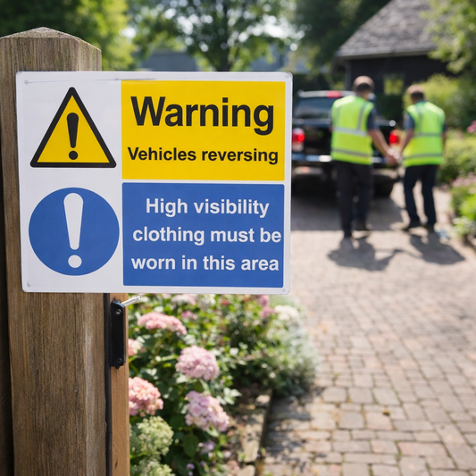 Warning Vehicles Reversing High Visibility Clothing Must Be Worn Safety Signs – 1mm Rigid Plastic & Self-Adhesive Vinyl – Indoor/Outdoor Use