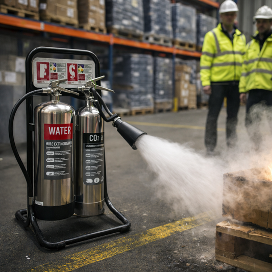 Fire Extinguisher Bundle – Contemporary Black & Chrome – Stainless Steel – Indoor Use