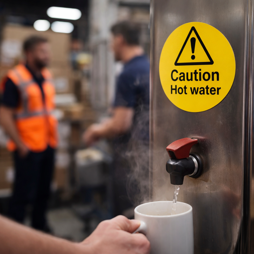 Caution Hot Water Labels – 65mm Diameter – Self Adhesive Vinyl – Indoor Use