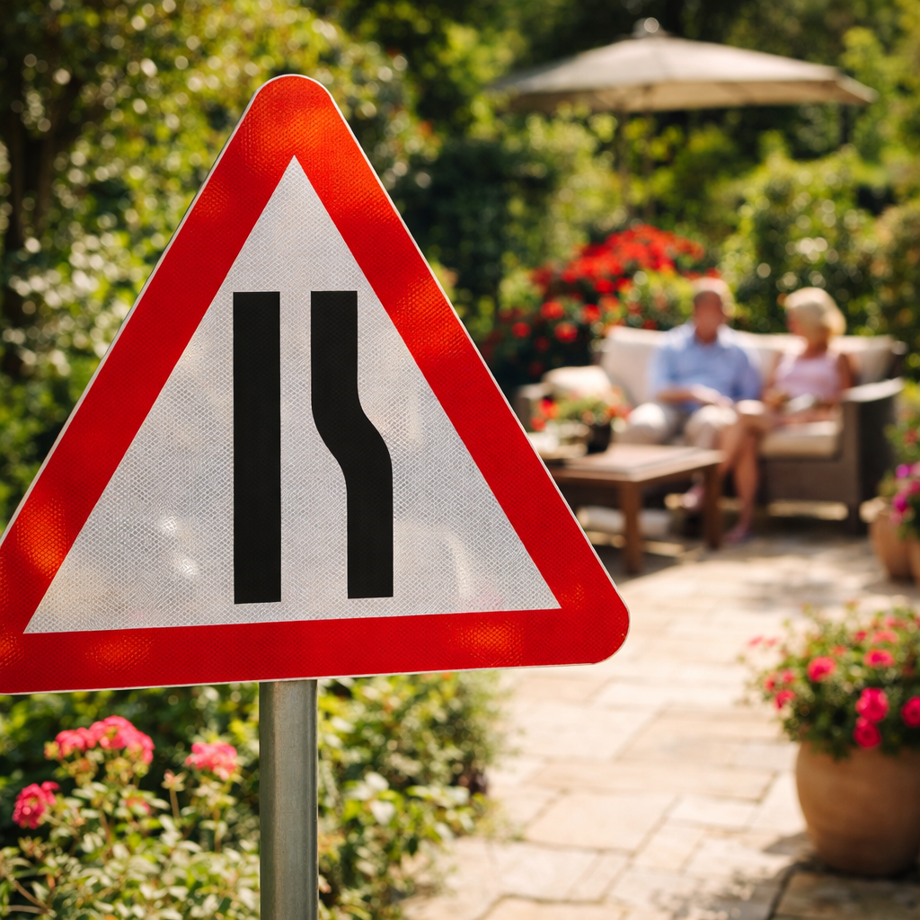 Road Narrows Right Side Reflective Traffic Sign – 600mm Triangle – Aluminium Composite – Outdoor Use (Class R2)