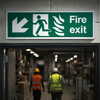 Fire Exit Sign – Arrow Down/Left – Flames & Running Man – Safety
