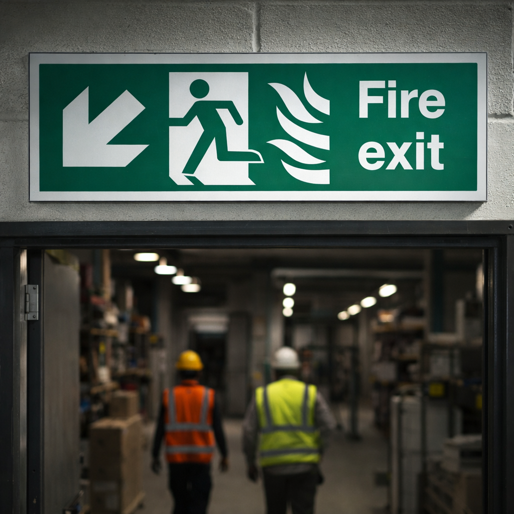 Fire Exit Sign – Arrow Down/Left – Flames & Running Man – Safety