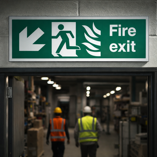 Fire Exit Sign – Arrow Down/Left – Flames & Running Man – Safety