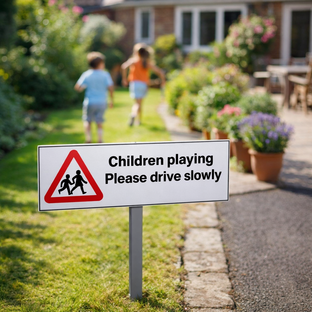 Children Playing Verge Sign with Post – 450mm x 150mm – 2mm Aluminium – Outdoor Safety
