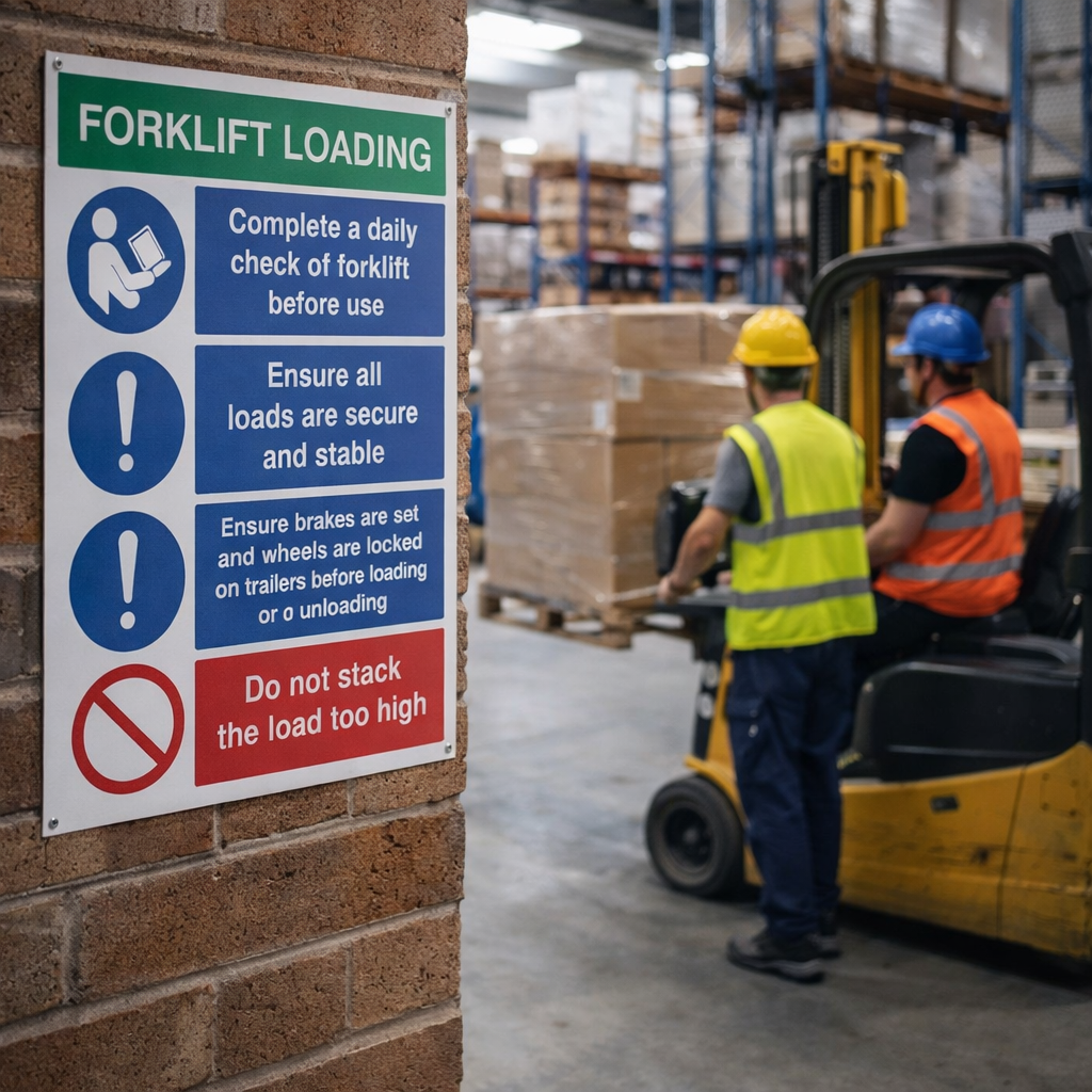 Forklift Loading Safety Sign – 450mm x 600mm – Rigid Plastic – Warehouse & Industrial Use