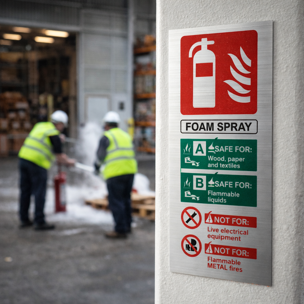 Foam Spray Extinguisher Sign – 75mm x 200mm – Brushed Aluminium – Commercial Use