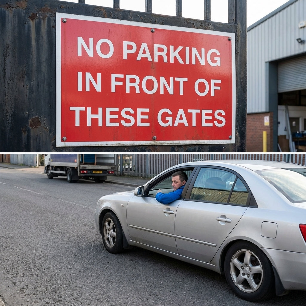 No Parking in Front of These Gates Signs – 1mm Rigid Plastic & Aluminium – Outdoor & Indoor Use