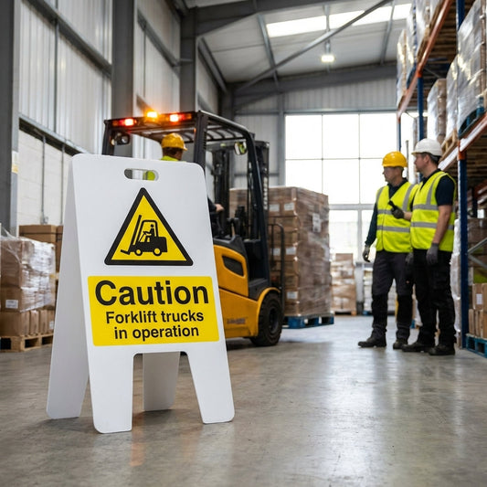 Caution Forklift Trucks Sign – 300mm x 600mm – Fluted Polypropylene – Indoor/Outdoor Use
