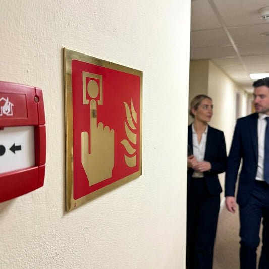 Fire Alarm Call Point Symbol Sign – 175mm x 175mm – Polished Brass – Hotels & Offices