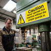 Caution Never Operate Machine Without Proper Guards Sign – 1mm Rigid Plastic – Indoor/Outdoor Use