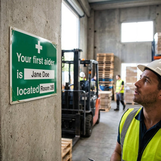 Your First Aider Is Located Safety Sign – 1mm Rigid Plastic – Durable & Weather Resistant – Indoor/Outdoor Use