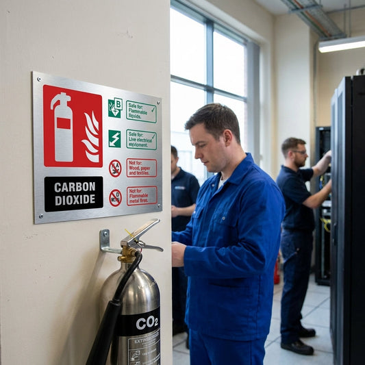 CO2 Extinguisher ID Sign – 200mm x 150mm – Brushed Aluminium – Professional Use
