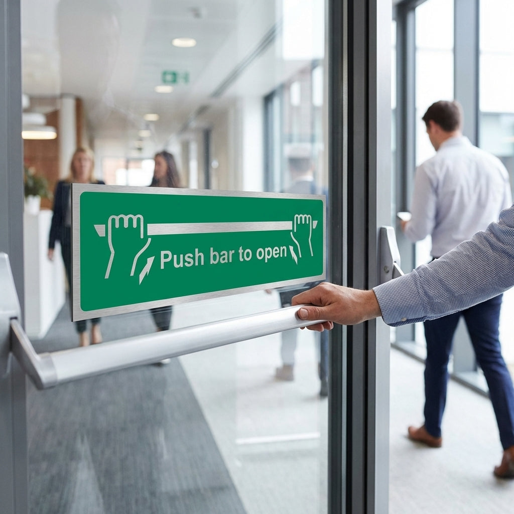 Push Bar To Open Sign – 300mm x 100mm – Brushed Aluminium – Emergency Exit