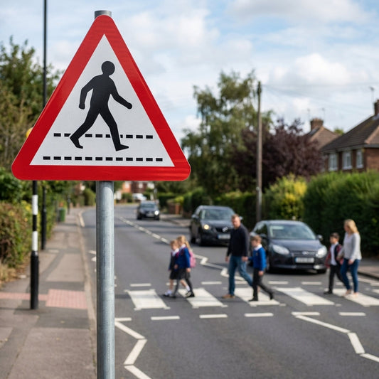 Pedestrians Crossing Ahead Reflective Traffic Sign – 600mm Triangle – Aluminium Composite – Outdoor Use (Class R2)