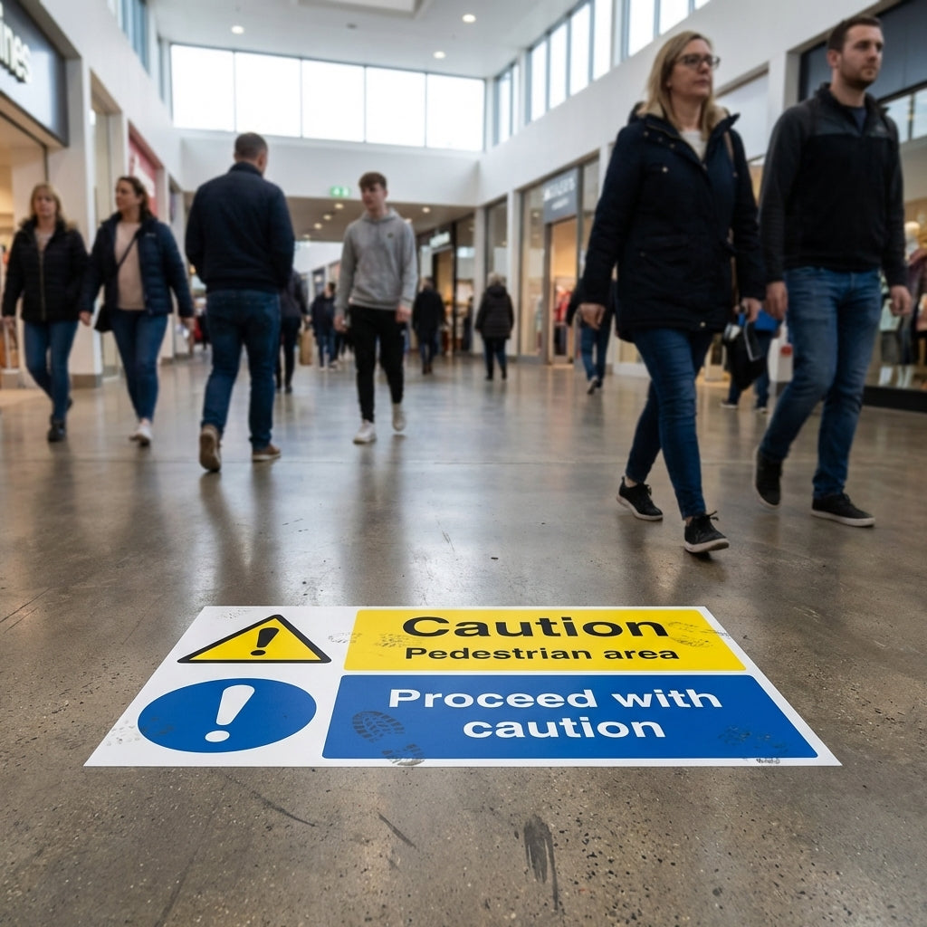 Caution Pedestrian Area Floor Graphic – 600mm x 400mm – Polycarbonate – Industrial Use
