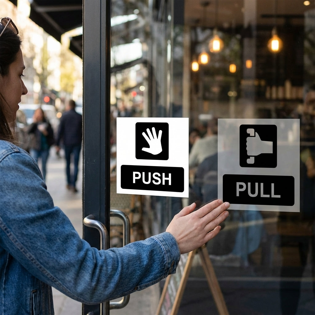 Push / Pull Double Sided Window Sticker – 150mm x 150mm – Face Adhesive Vinyl – Indoor Use