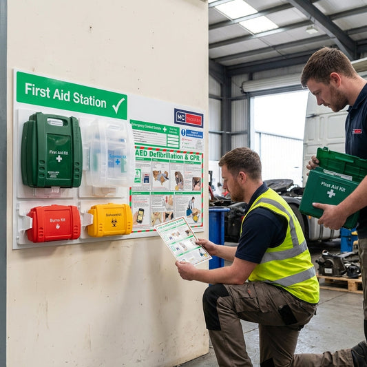 First Aid Station with AED & CPR Poster – 6mm Rigid Plastic – Workplace
