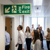 Fire Exit Sign – Arrow Down/Left – Flames & Running Man – Safety