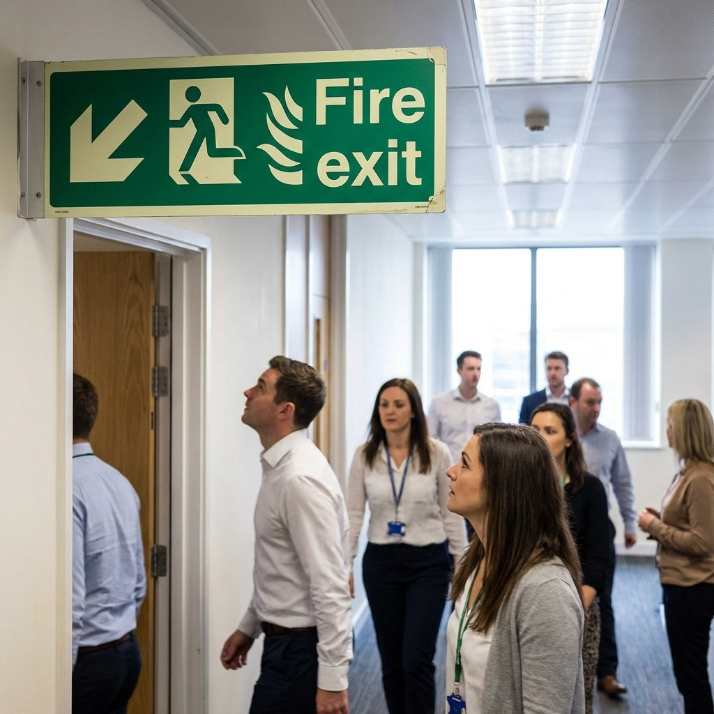 Fire Exit Sign – Arrow Down/Left – Flames & Running Man – Safety