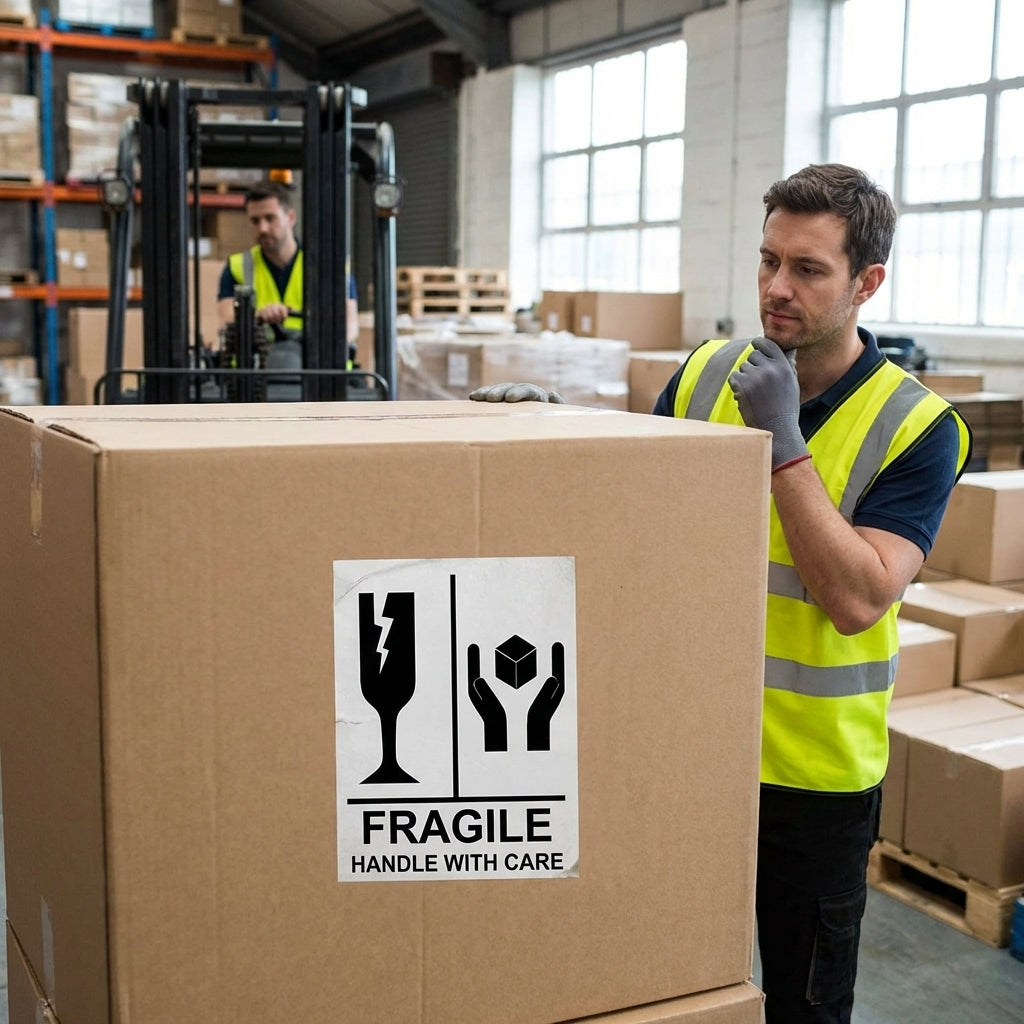 Fragile Handle With Care Labels – 75mm x 100mm – Self Adhesive Vinyl – Indoor Use